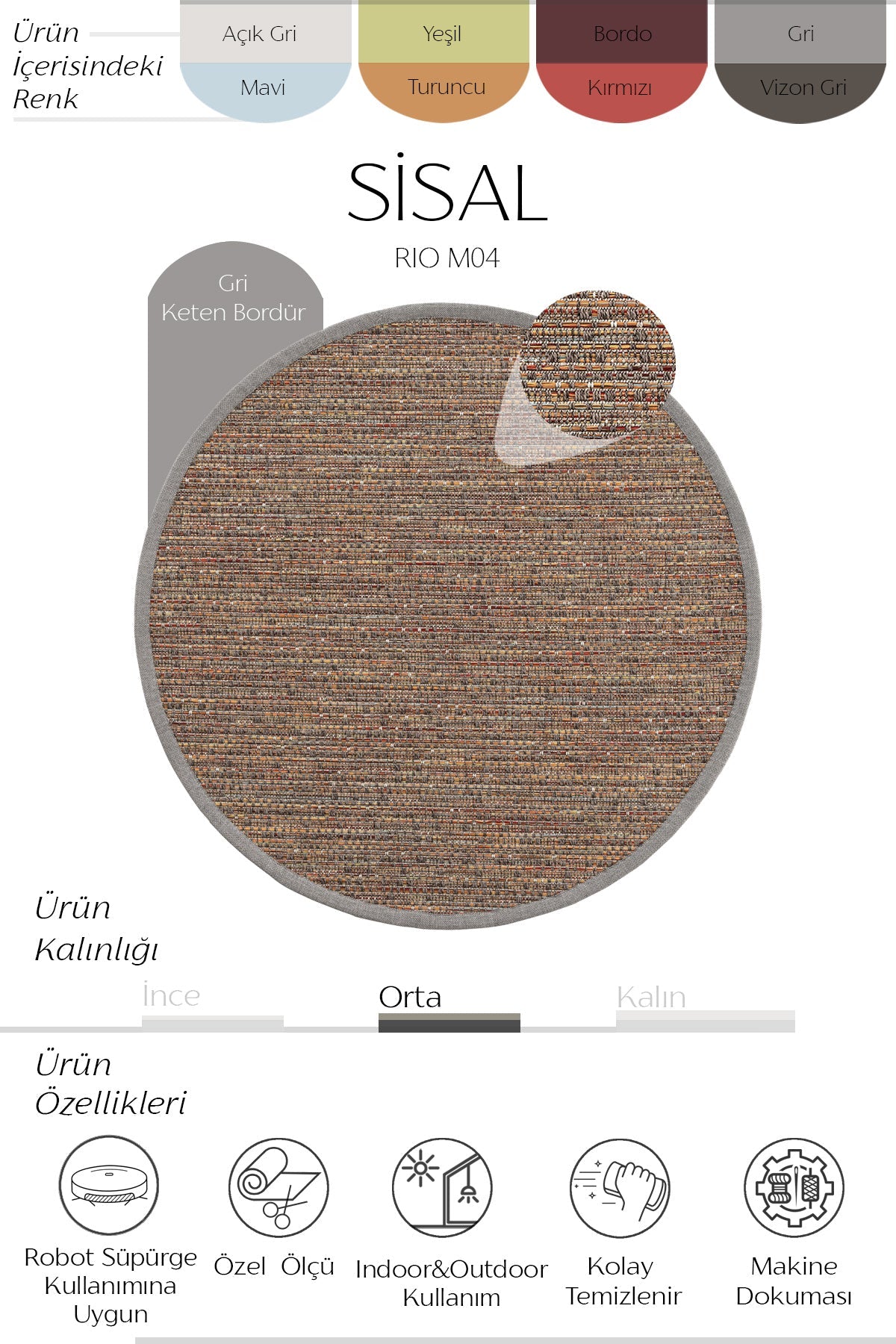 Sisalart Rio Keten Monterey Bordür Yuvarlak Sisal Halı - Sisal Halı
