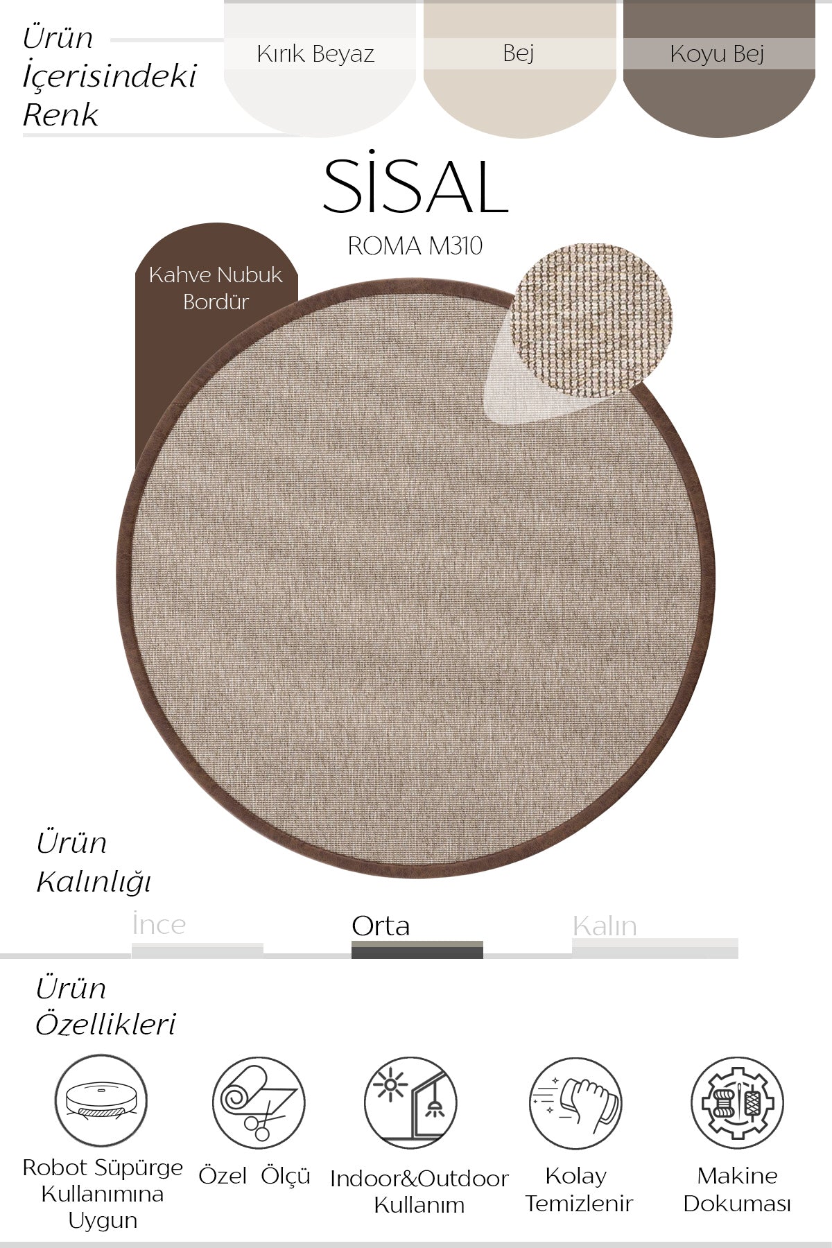 Sisalart Roma Deri Medusa 720 Bordür Yuvarlak Sisal Halı - Sisal Halı