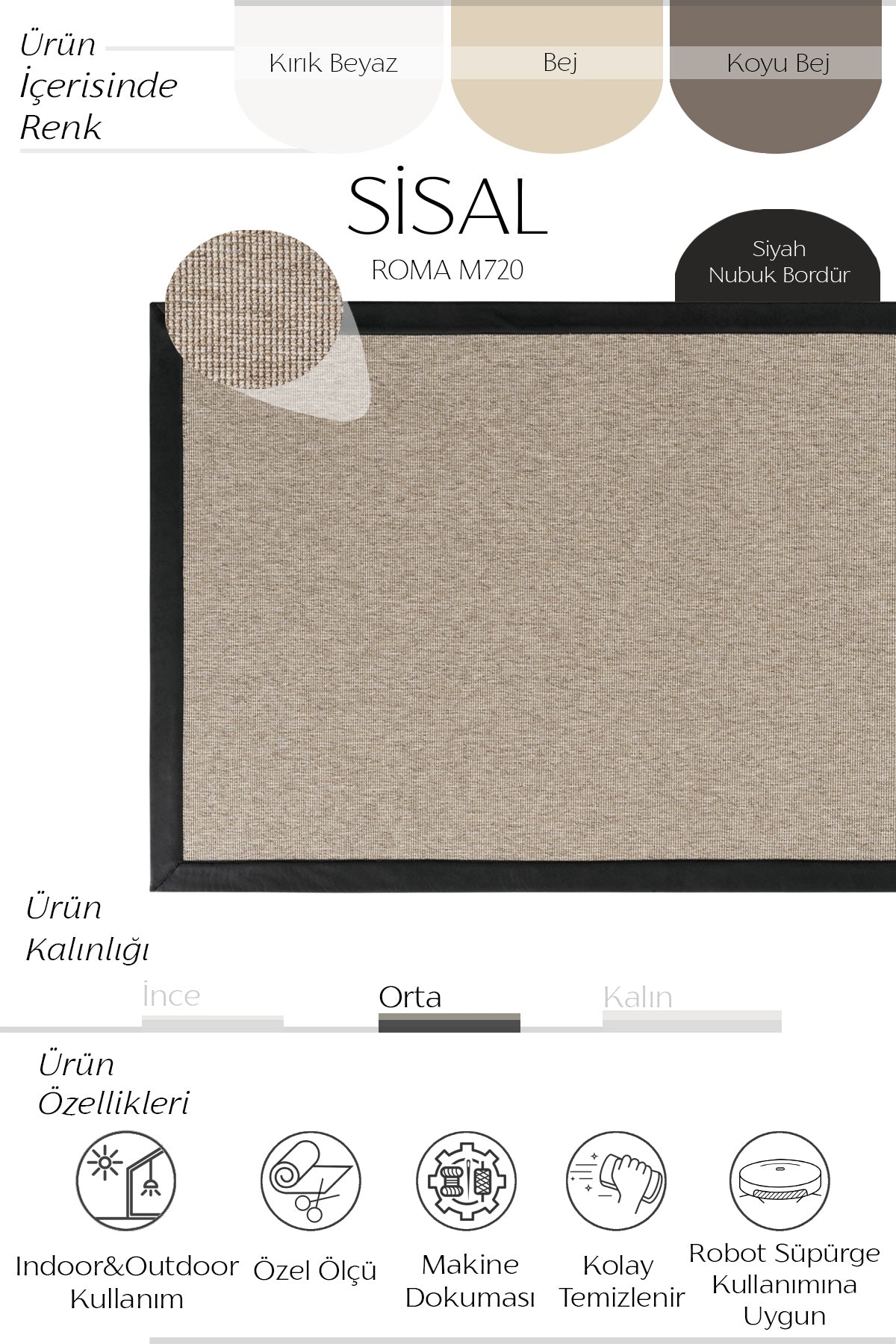 Sisalart Roma Deri Medusa Bordür Sisal Halı - Sisal Halı