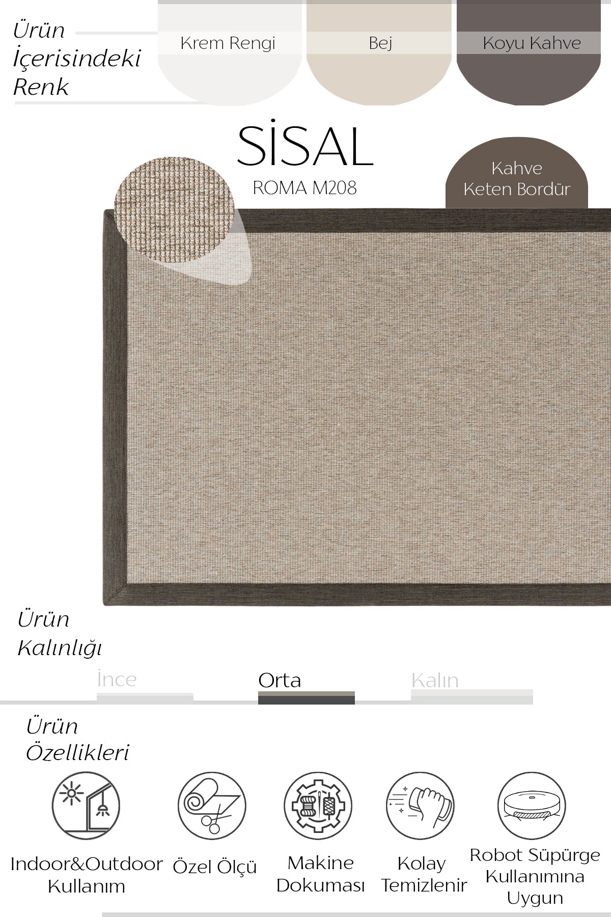 Sisalart Roma Keten Monterey Bordür Sisal Halı - Sisal Halı