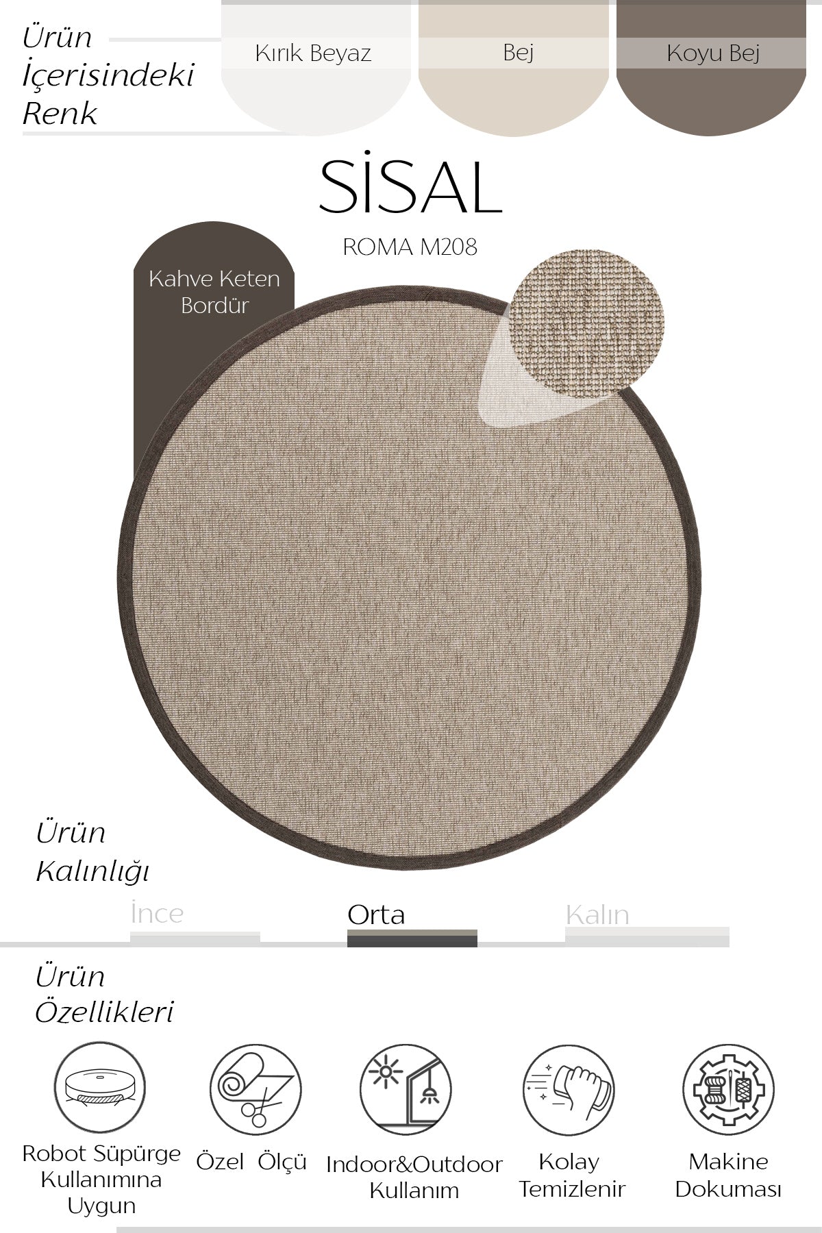 Sisalart Roma Keten Monterey Bordür Yuvarlak Sisal Halı - Sisal Halı