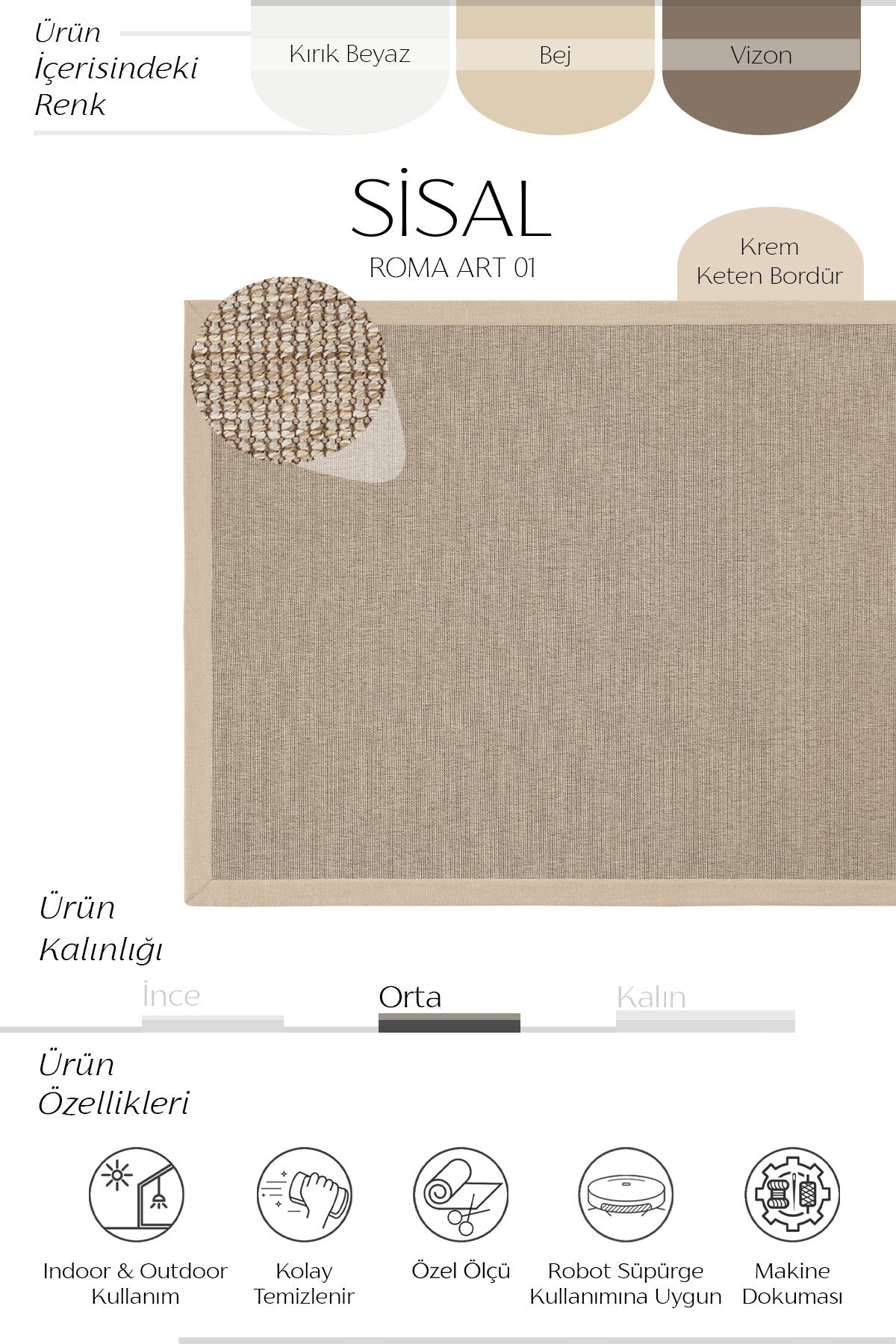 Sisalart Roma Keten Napoli Bordür Sisal Halı - Sisal Halı