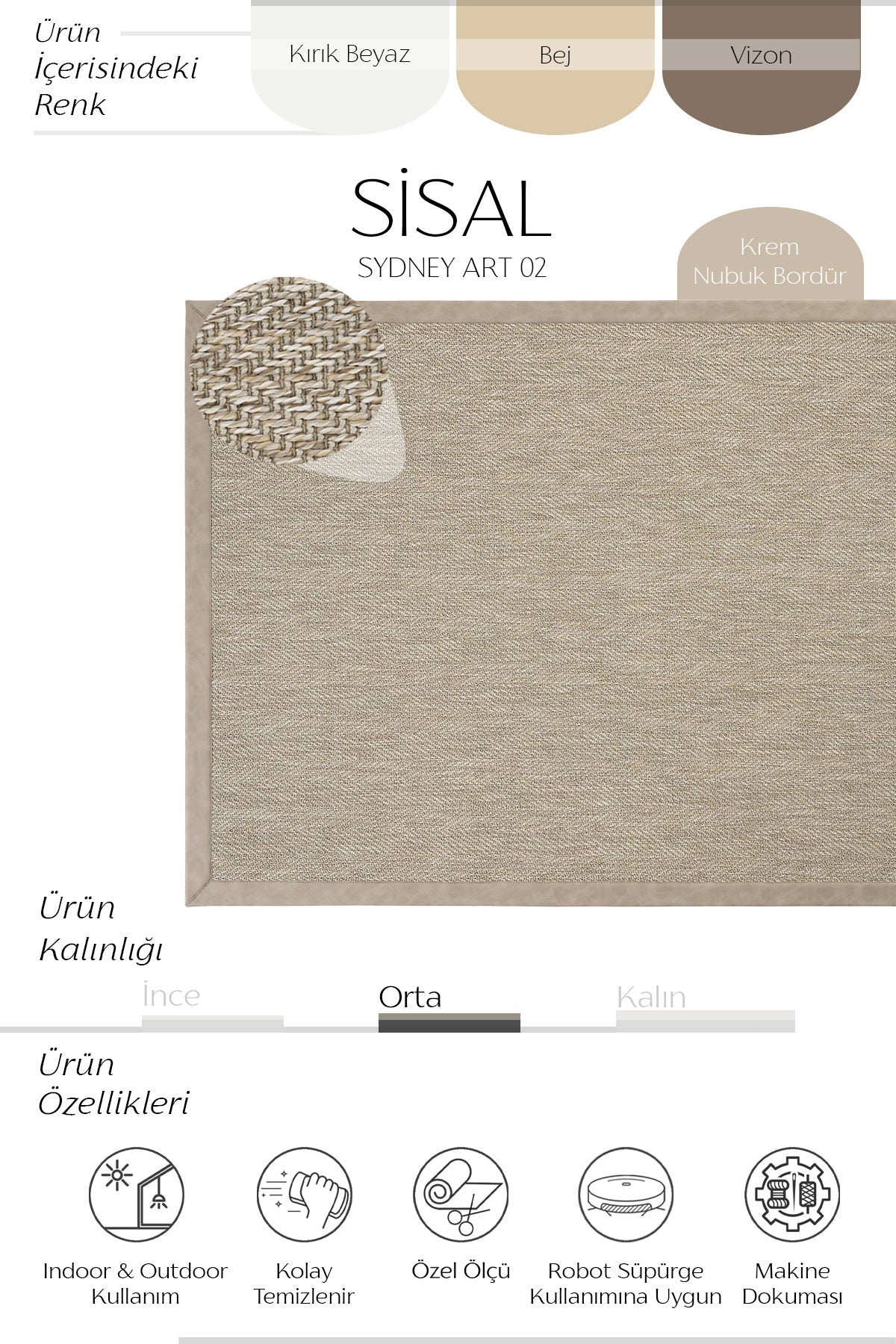 Sisalart Sydney Deri Bordür Sisal Halı - Sisal Halı