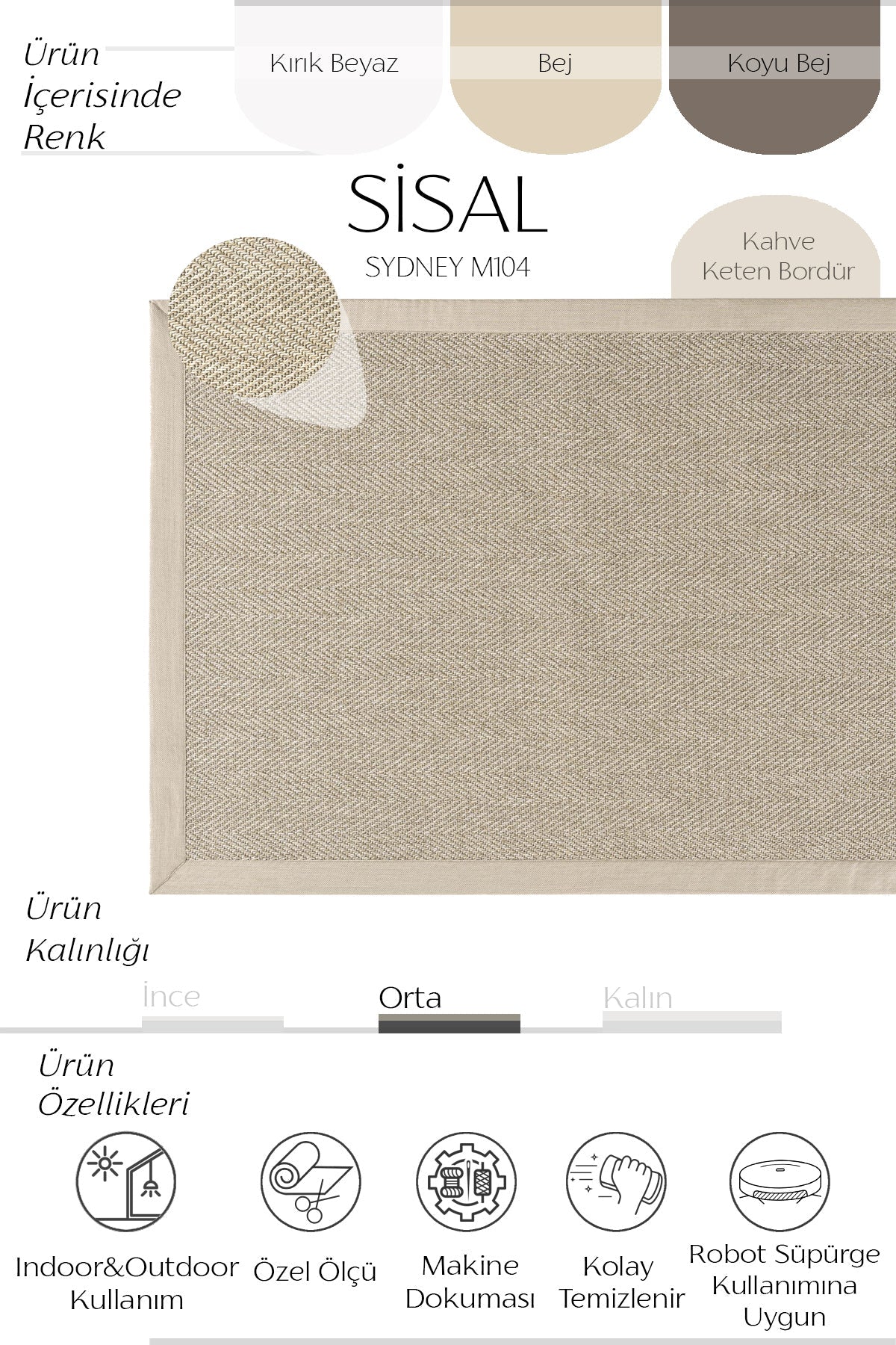 Sisalart Sydney Keten Monterey Bordür Sisal Halı - Sisal Halı