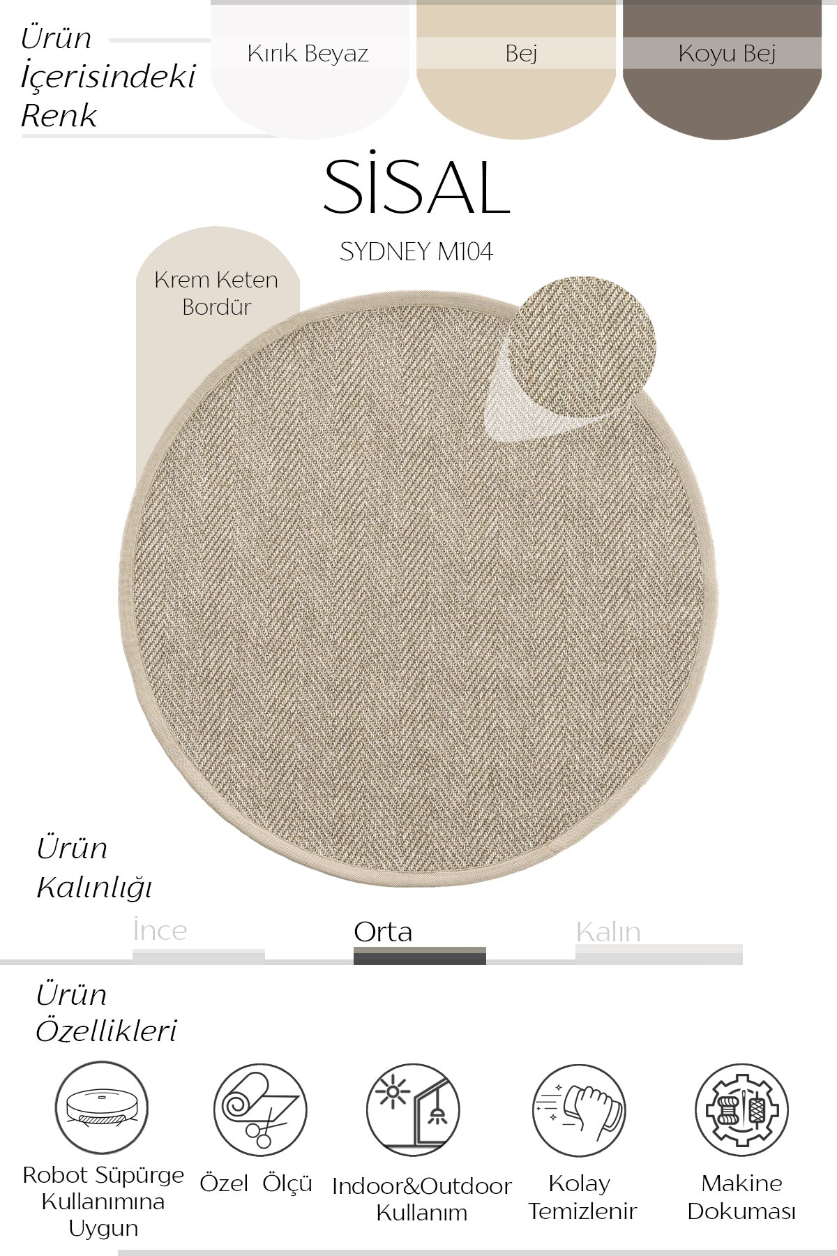 Sisalart Sydney Keten Monterey Bordür Yuvarlak Sisal Halı - Sisal Halı