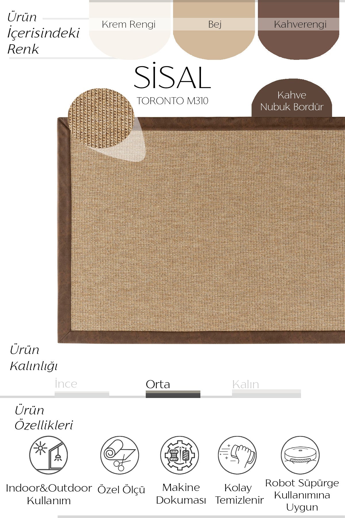 Sisalart Toronto Deri Medusa Bordür Sisal Halı - Sisal Halı