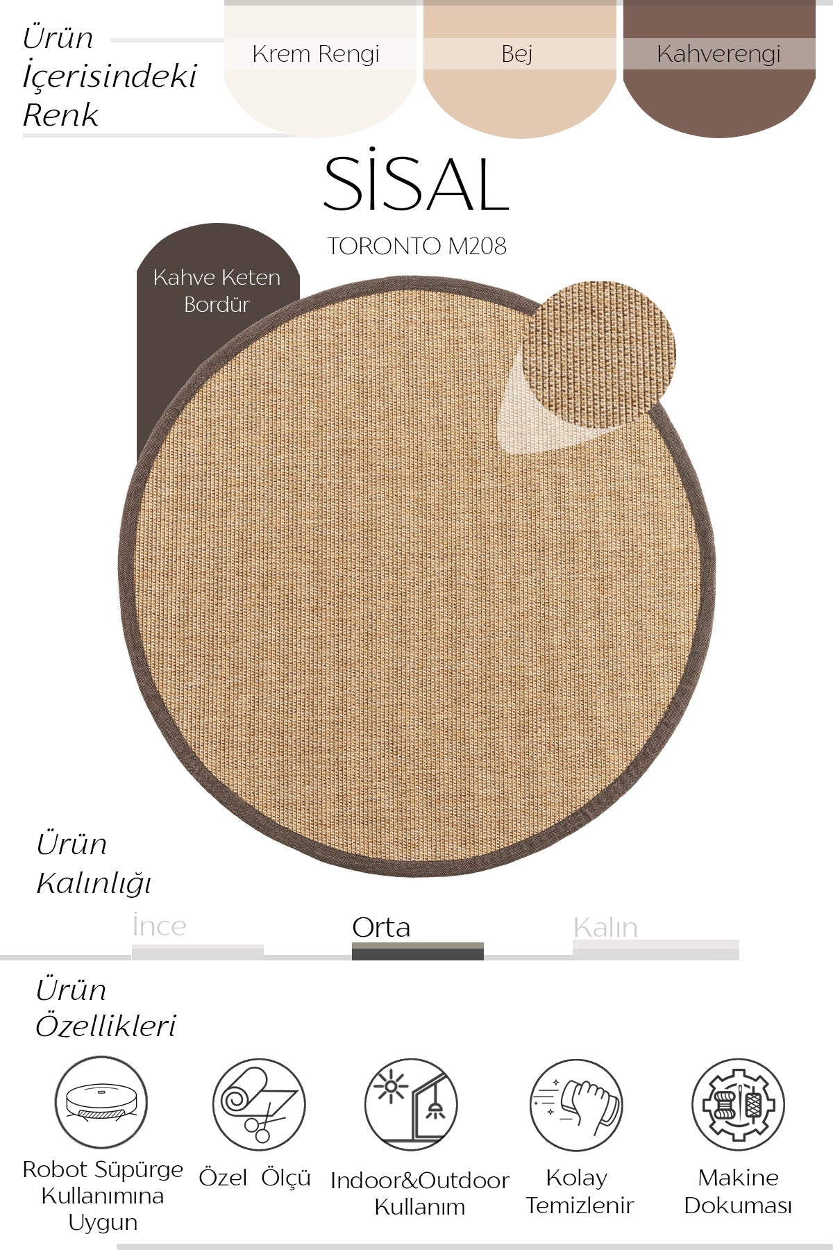 Sisalart Toronto Keten Monterey Bordür Yuvarlak Sisal Halı - Sisal Halı