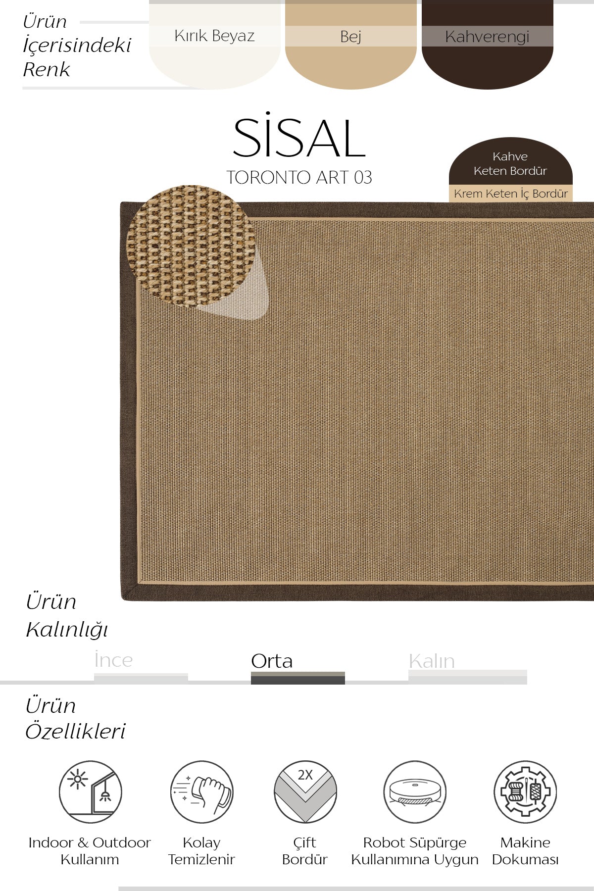 Sisalart Toronto Keten Napoli Çift Bordür Sisal Halı - Sisal Halı