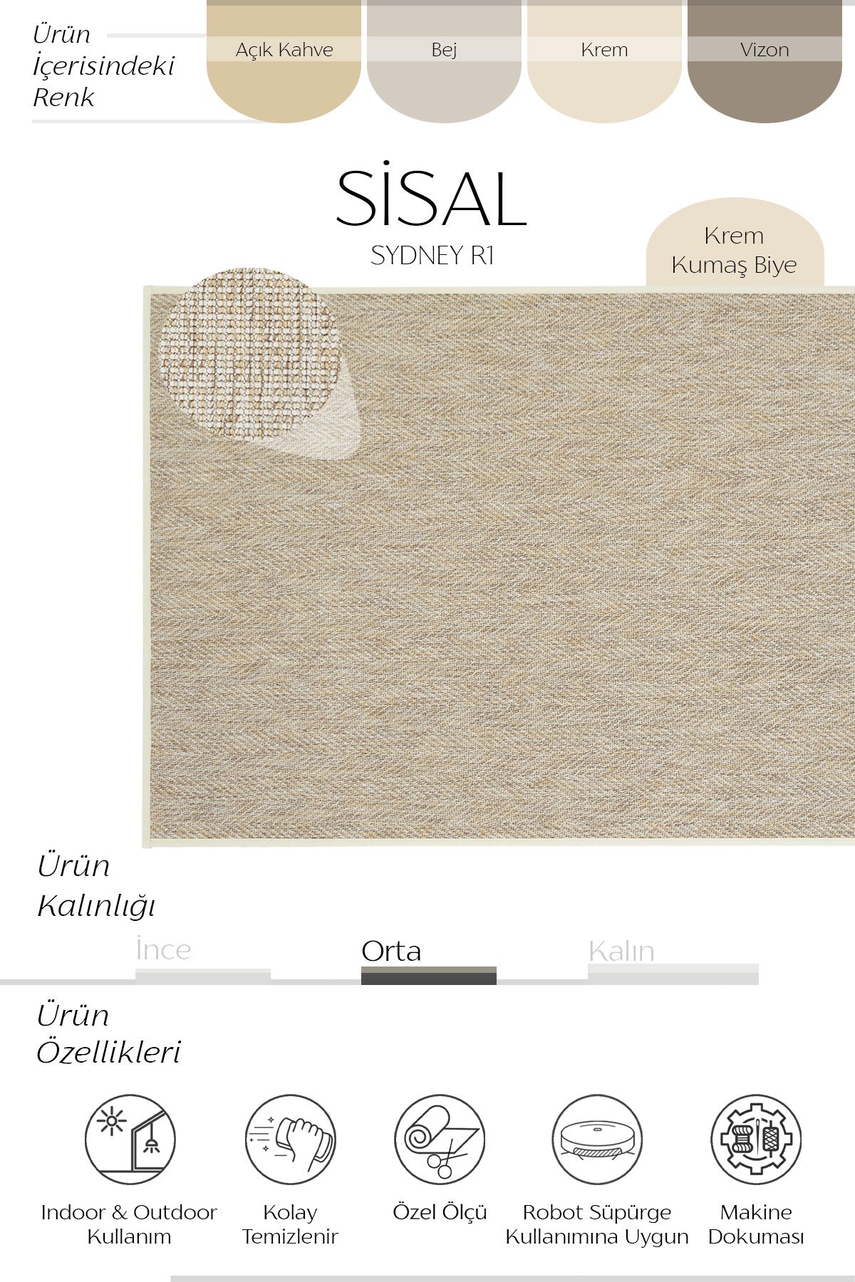 Sydney Krem Biye Bordürlü Sisal Halı | Sisalart - Sisal Halı